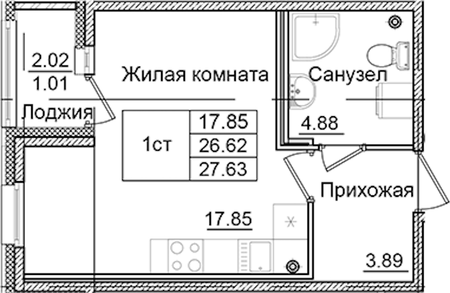 Квартира студия 27.63 м², 2/9 эт., ЖК «Квартал Заречье»